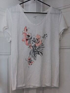 LOFT White V-Neck Tee with Pink Floral Print